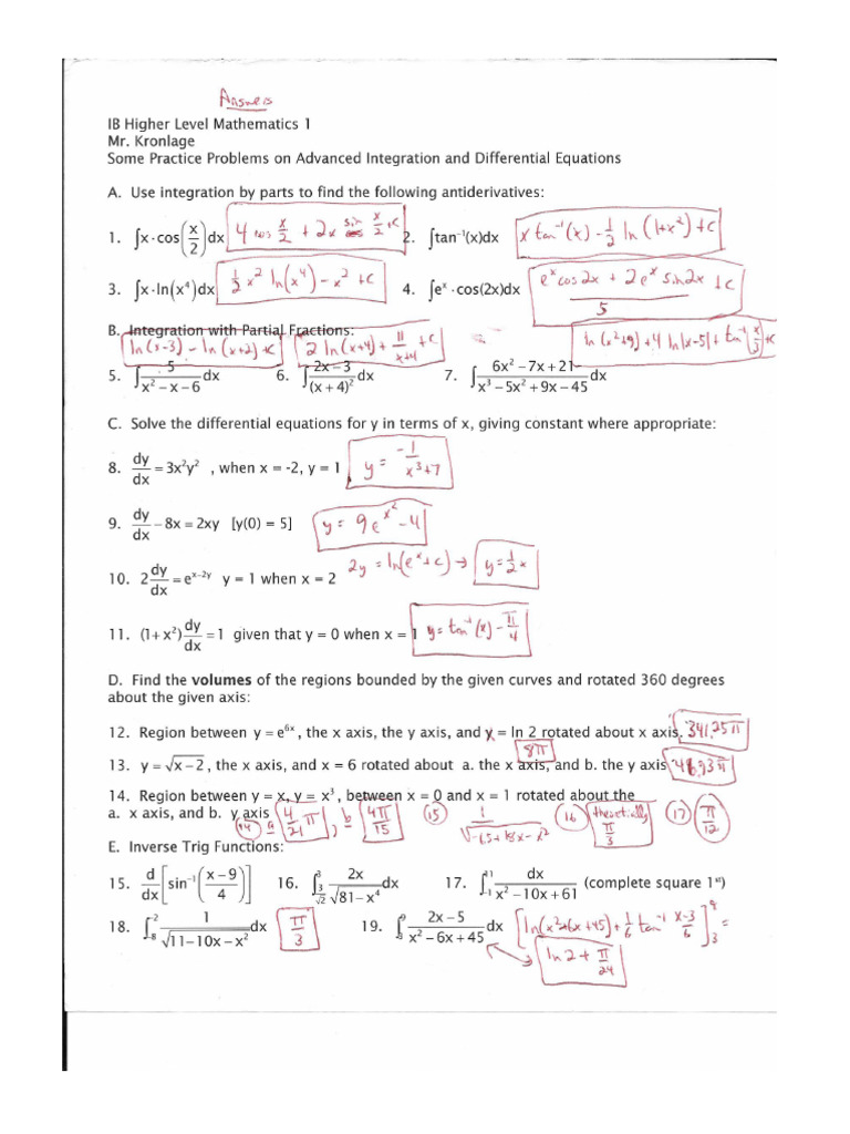 Answers To Advanced Integration and Differential Equations Practice ...