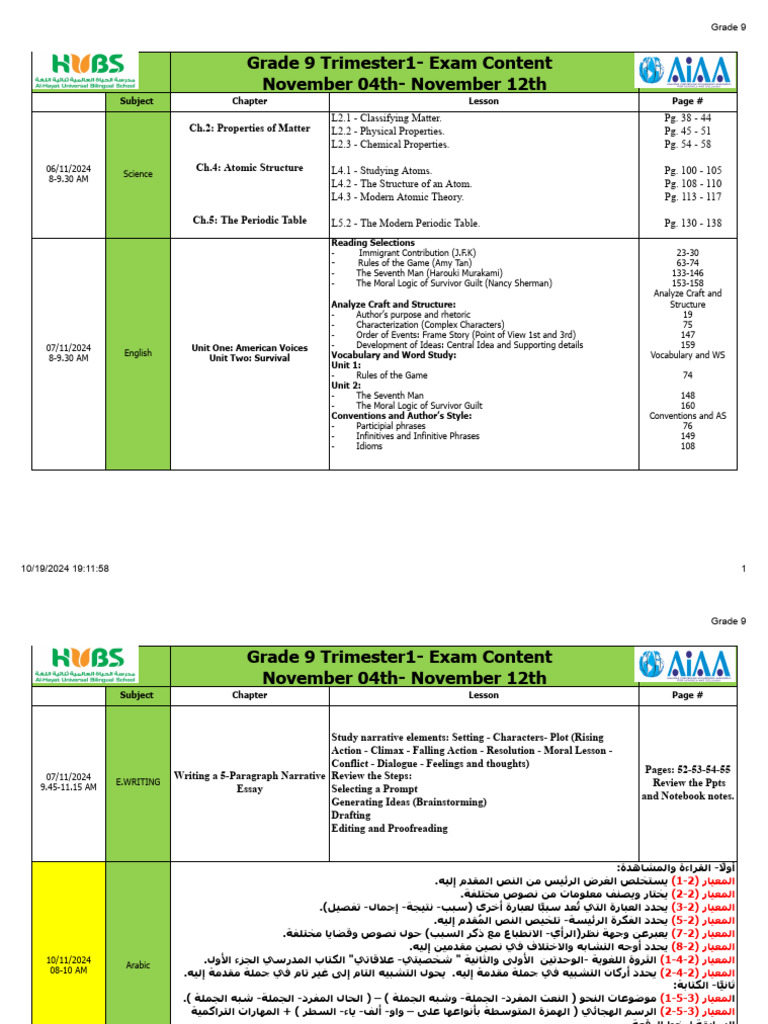 Grade 9 - 1st Term - 24-25-Exam Schedule & Content | PDF