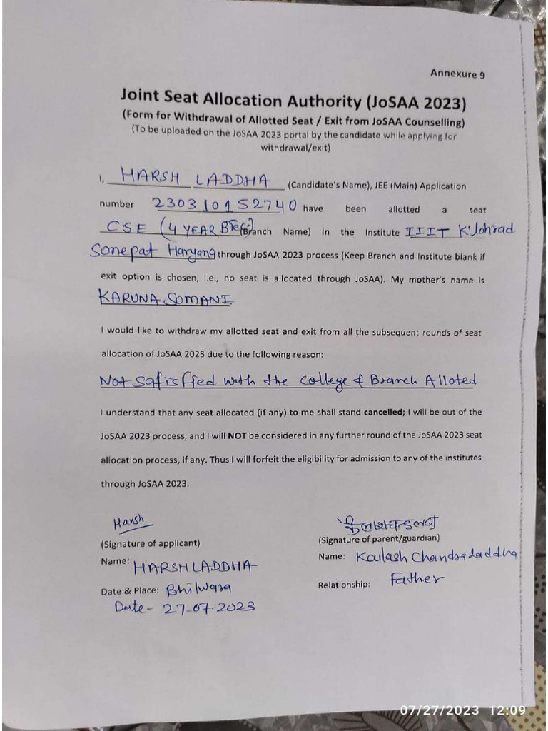 Josaa Withdrawl Filled | PDF