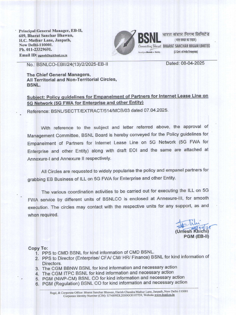 BSNL 5G FWA Partner Empanelment Guidelines | PDF | Computer Network ...