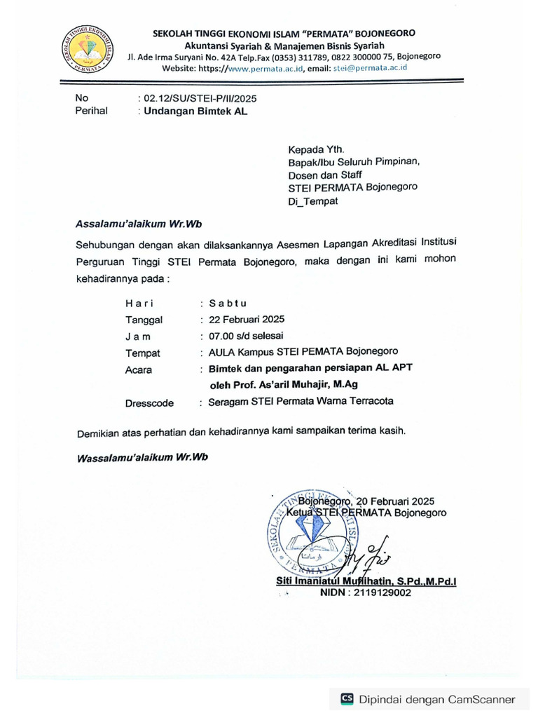 Undangan Bimtek AL APT STEI Permata | PDF