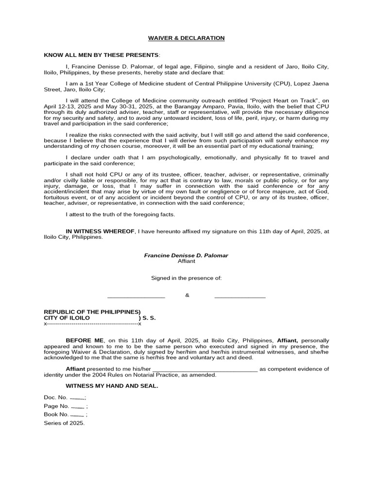 Waiver for Project Heart on Track | PDF | Affidavit | Common Law