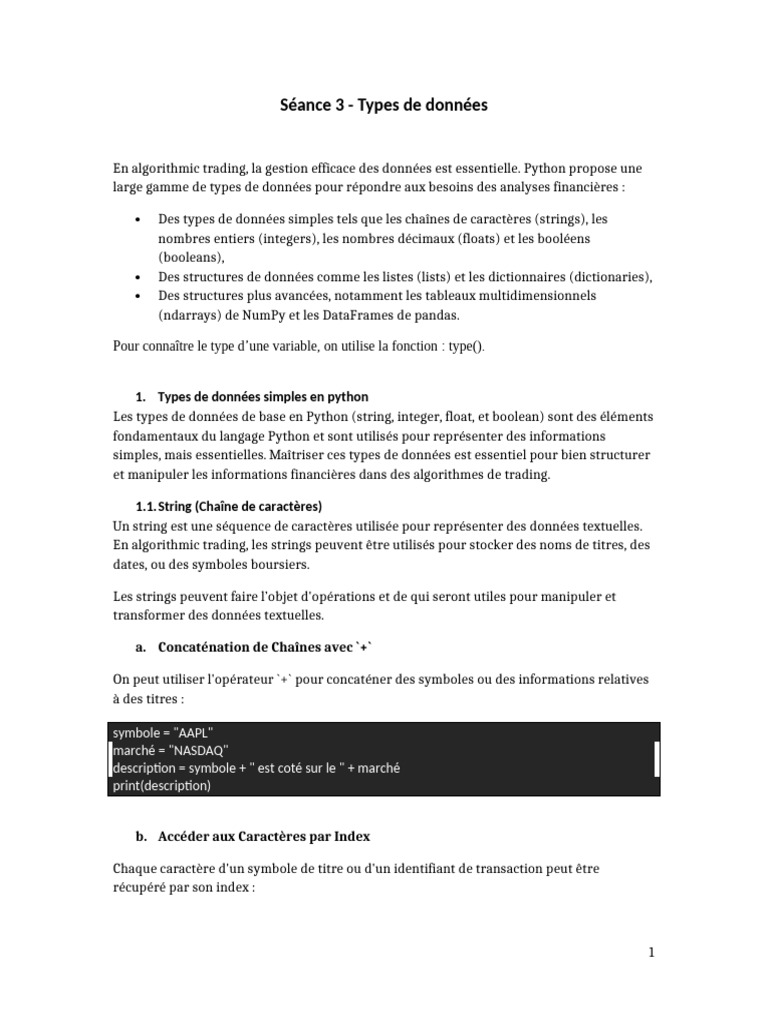 Types de données en trading algorithmique | PDF | Python (Langage de ...