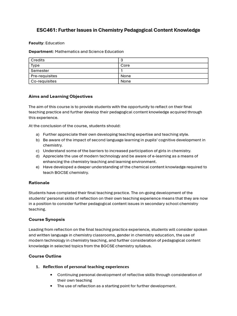 ESC461 Further Issues in Chemistry Pedagogical Content Knowledge ...