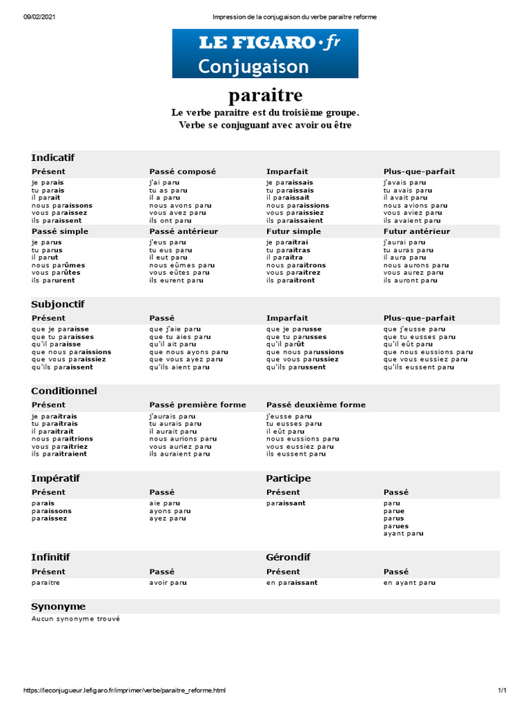Conjugaison du verbe paraître | PDF | Grammaire | Syntaxe