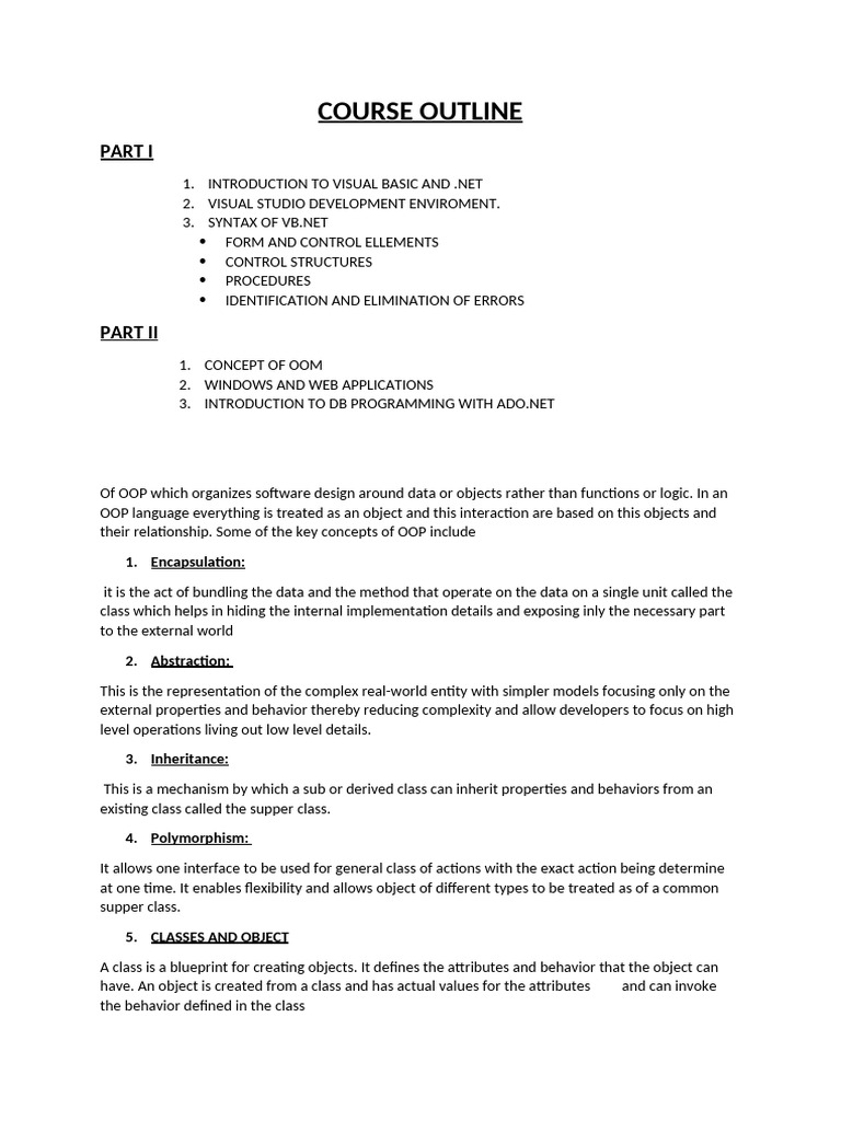 Visual Basic .NET Course Outline | PDF