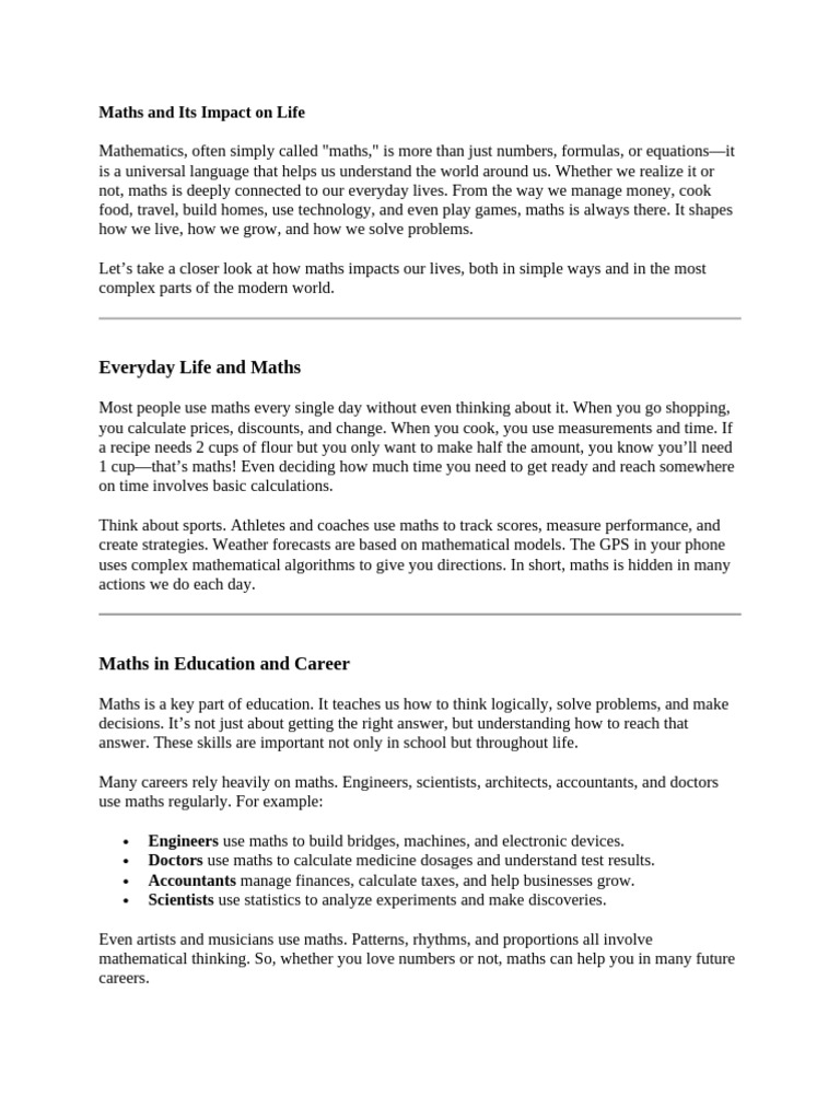 The Role of Maths in Daily Life | PDF | Mathematics | Artificial ...