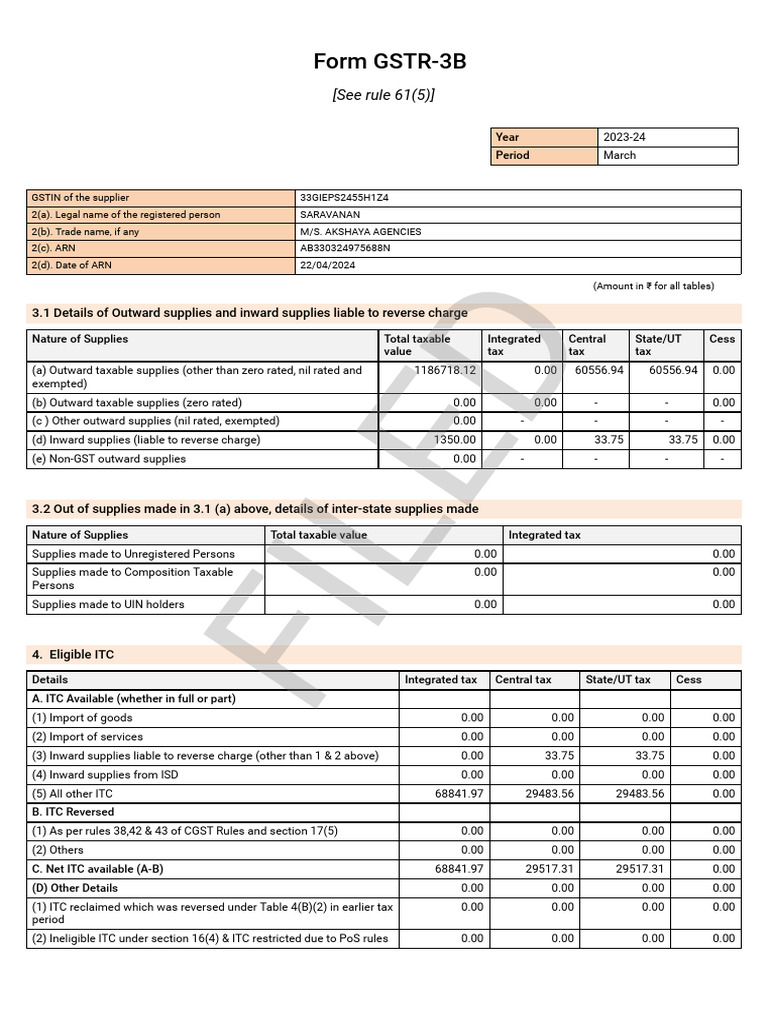 GSTR-3B Filing for March 2024 | PDF | Taxes | Government Finances