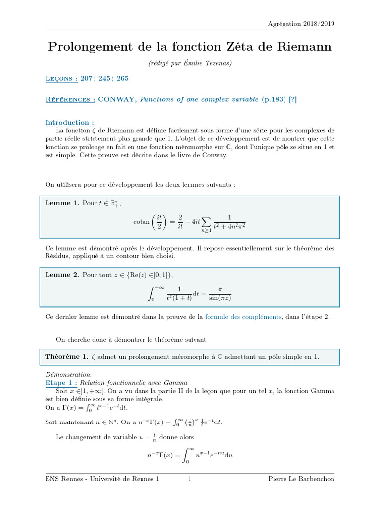 Prolongement de la fonction Zéta | PDF | Intégral | Mathématiques