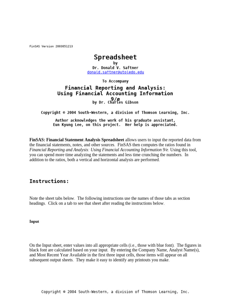 Finsas Excel Sheet To Be Used by Students in Financial Analysis | PDF ...