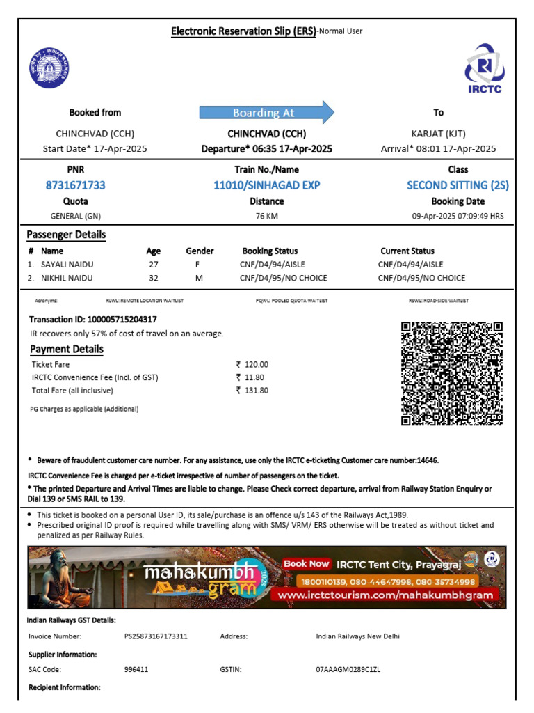 Electronic Reservation Slip for Train Booking | PDF | Identity Document