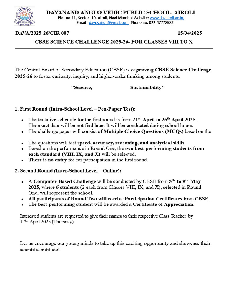 Cir - No. 007-CBSE Science Challenge - 2025-26 | PDF