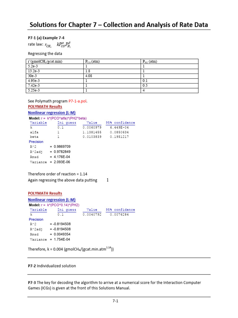 반응공학 솔루션 Ch.7 | PDF | Regression Analysis