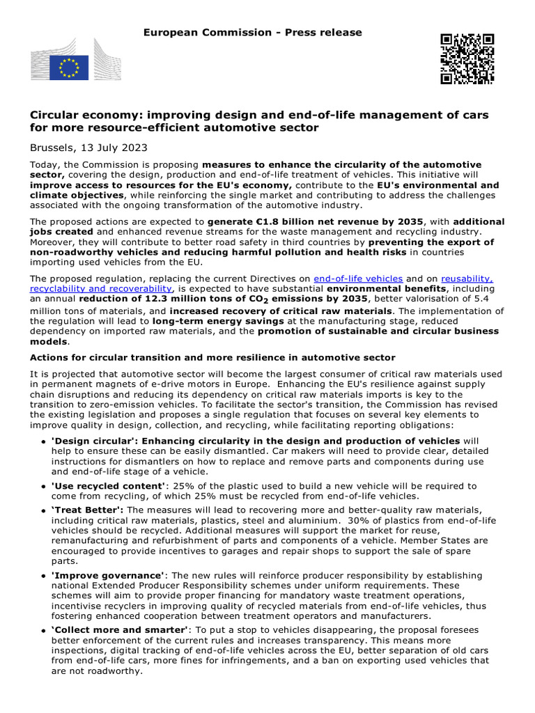 Circular Economy in EU Automotive Sector | PDF | Recycling | Economy ...