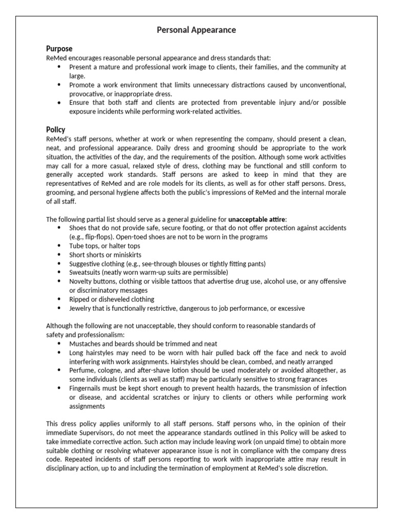 Personal Appearance Policy | PDF | Clothing | Hairstyle