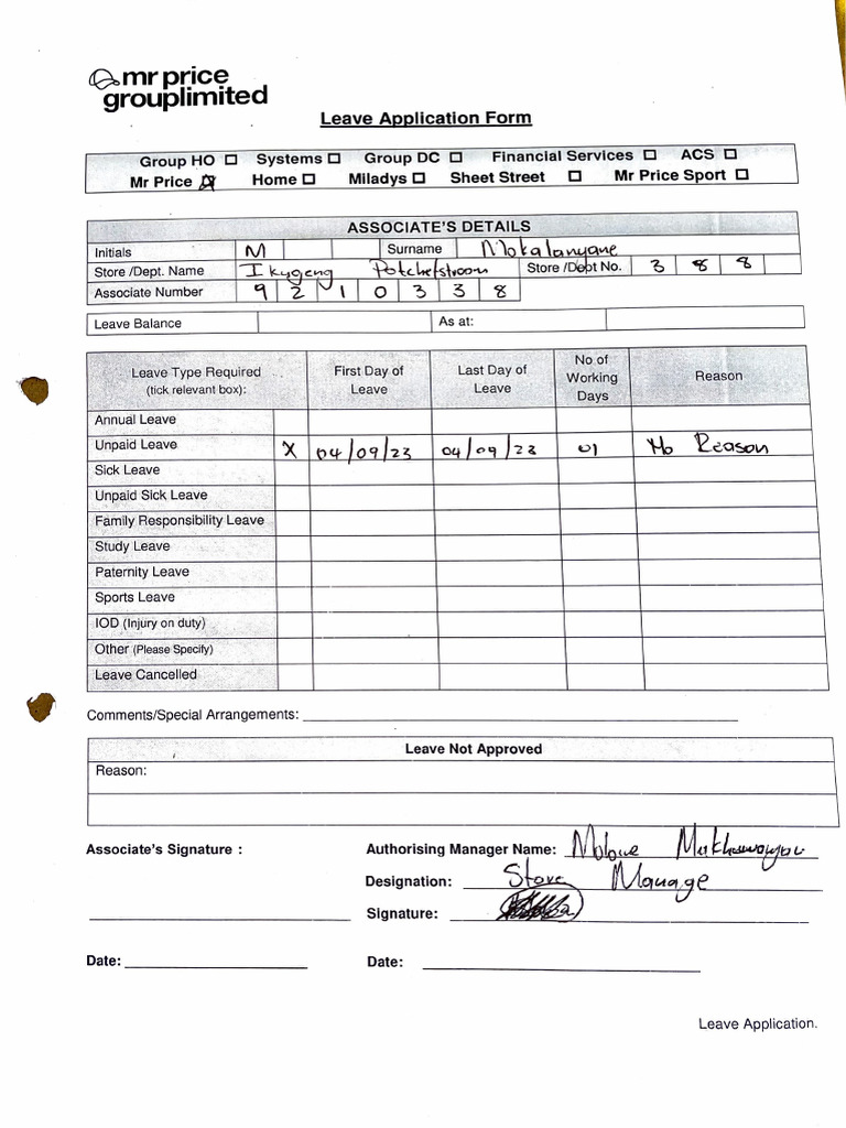 Mr Price Leave Application Form | PDF