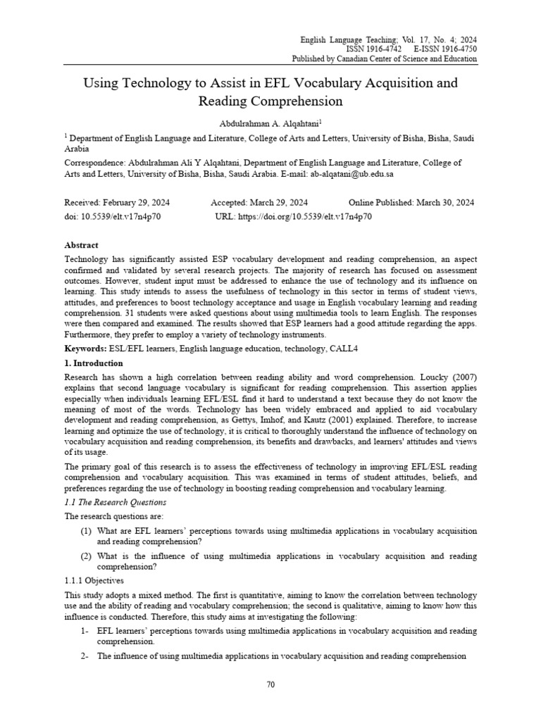 Tech in EFL Vocabulary and Reading Skills | PDF | English As A Second ...