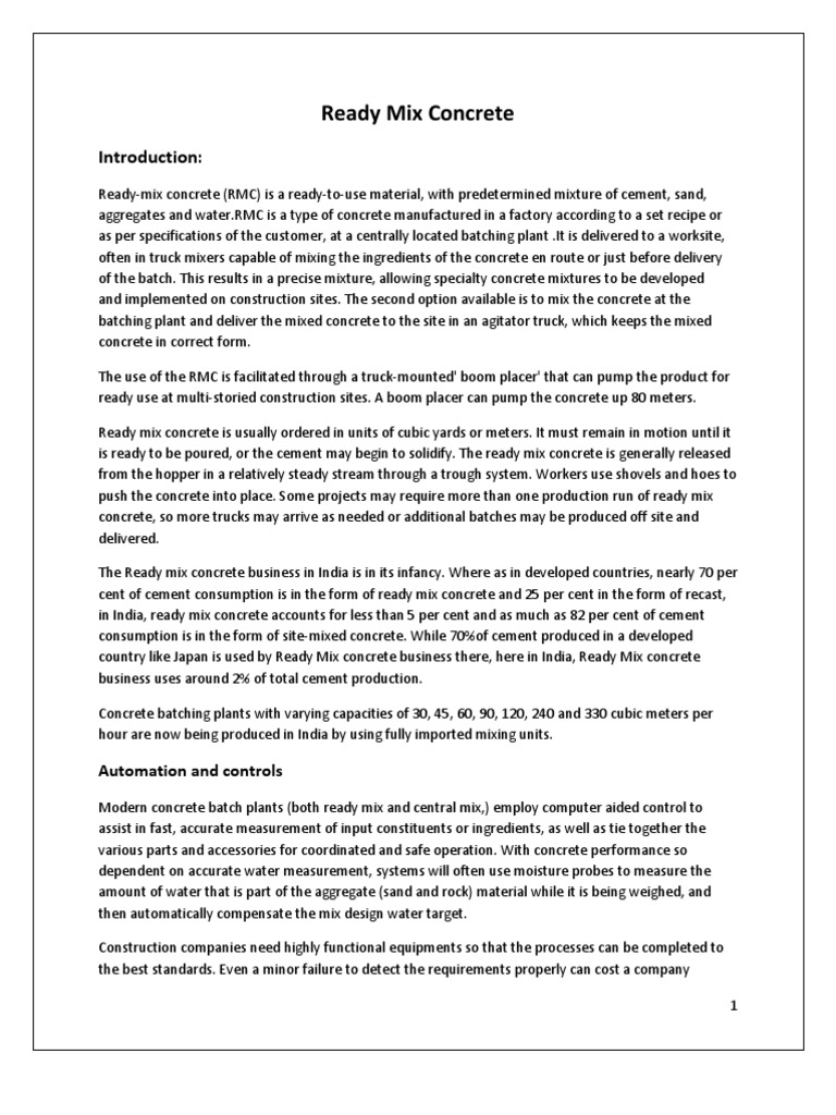 Ready Mix Concrete Manufacturing Overview | PDF | Concrete | Cement