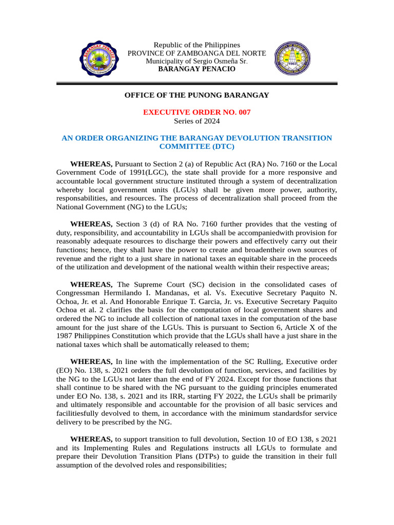 Barangay Devolution Transition Committee Order | PDF | Government ...
