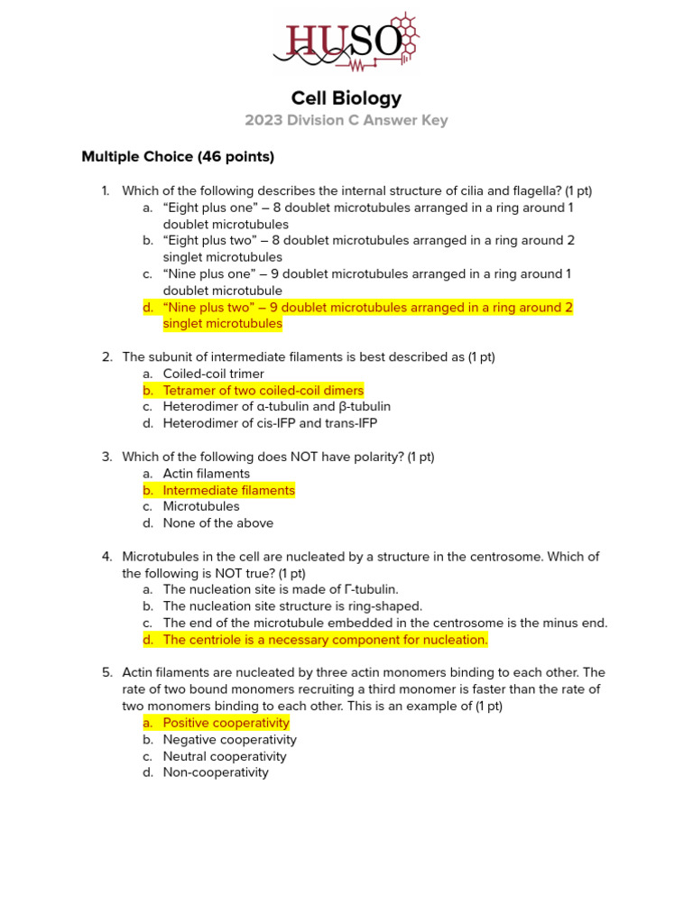 2023 Cell Biology Division C Answer Key | PDF | Microtubule | Electron ...