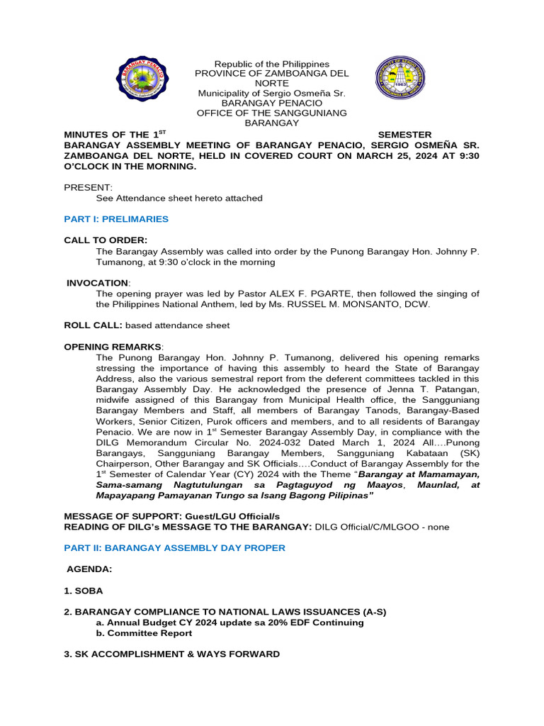 Barangay Penacio Assembly Minutes 2024 | PDF | Philippines