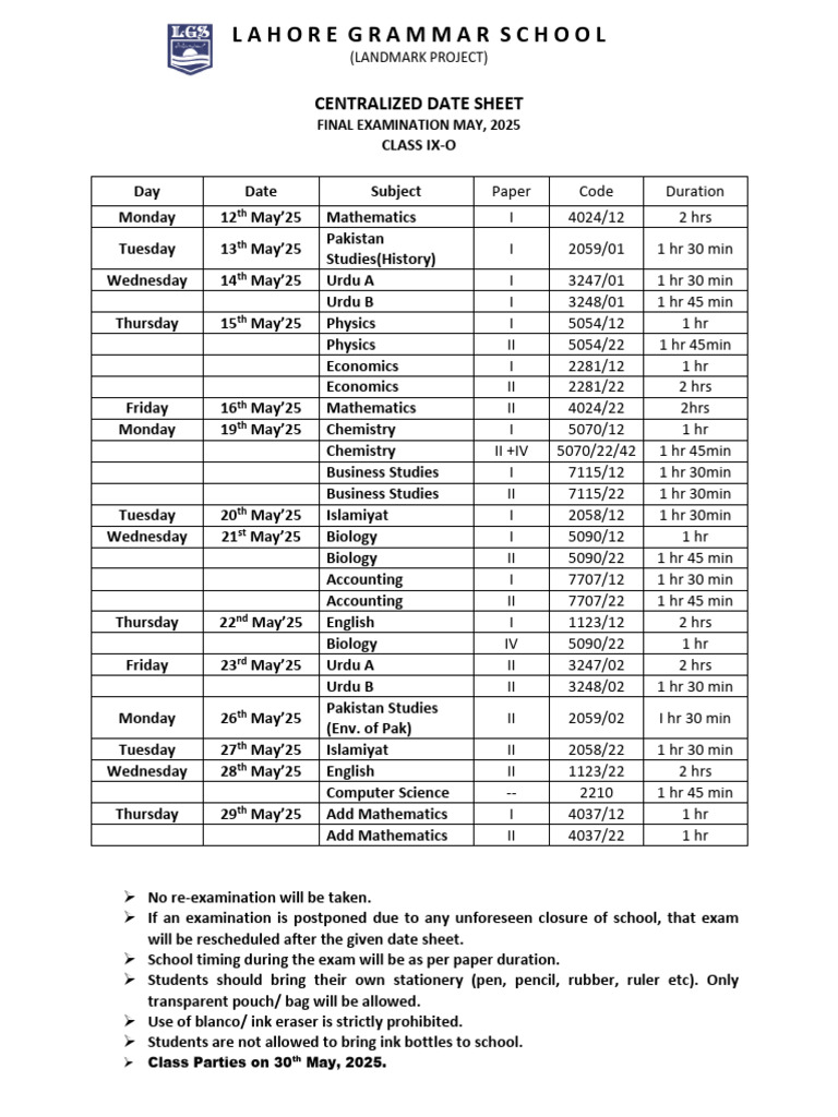 Date Sheet IX-O Final Examination May, 2025 | PDF