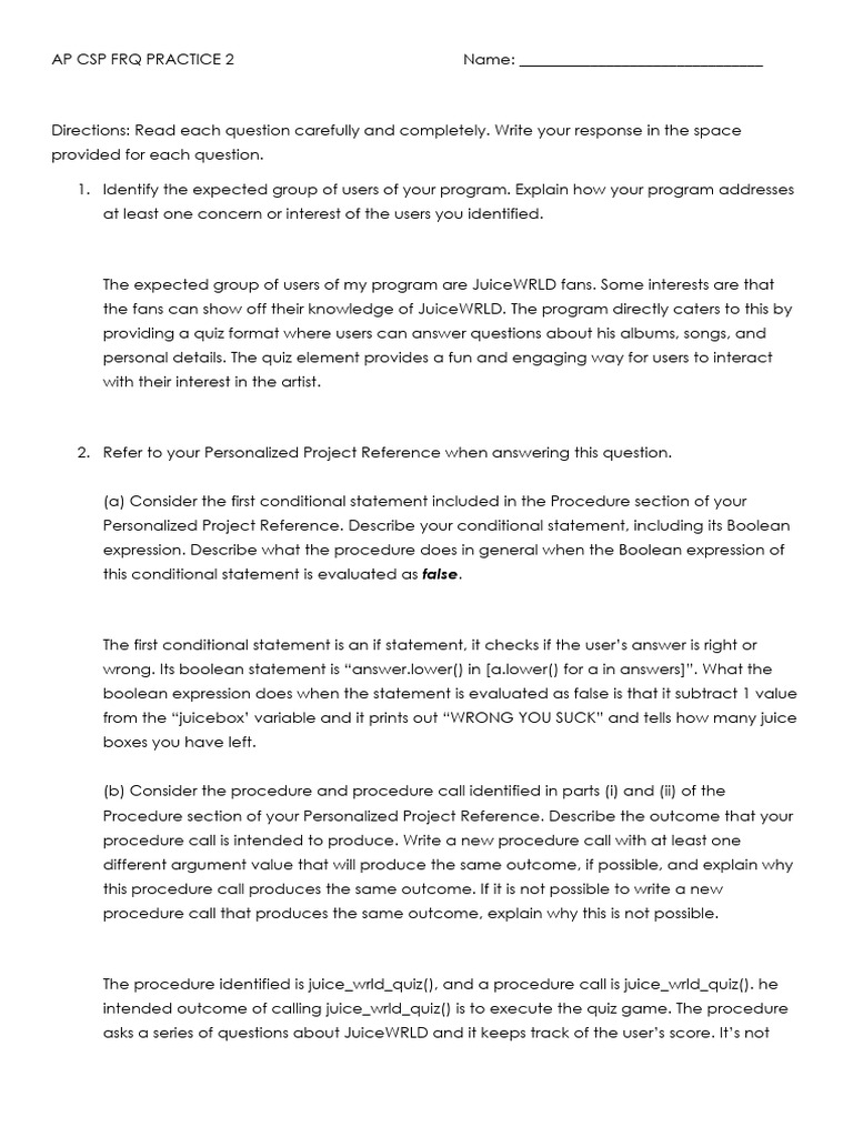Chaney Jacky Chea - AP Csp Frq Practice 2 - Answer | PDF | Parameter ...