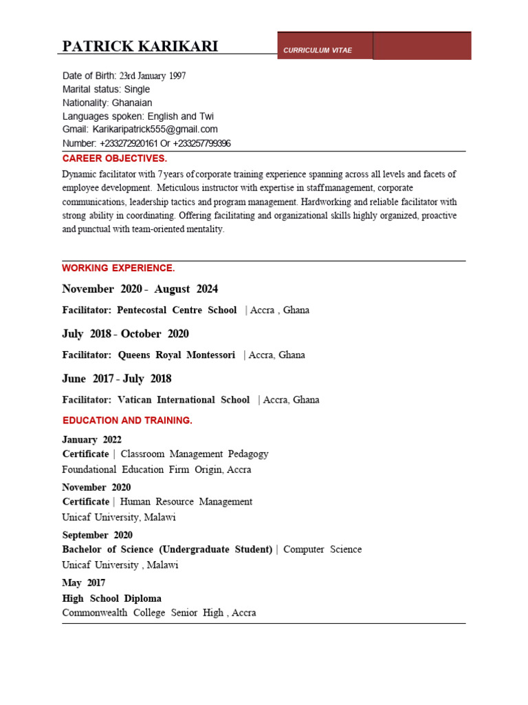 Patrick Karikari's CV: Facilitator Profile | PDF | Classroom Management ...
