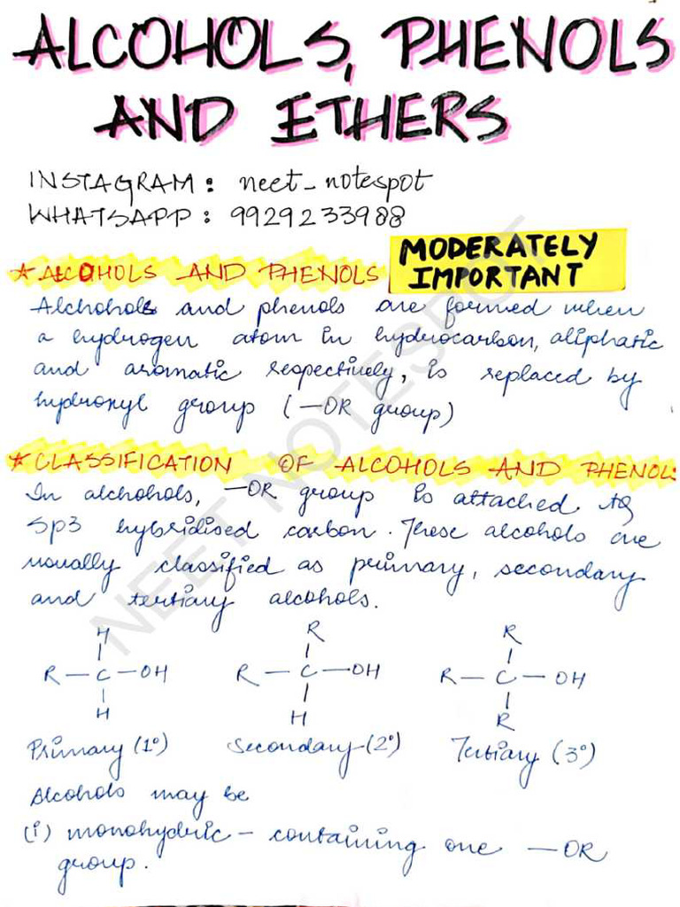 Alcohol Phenols Ether Concise Notes | PDF