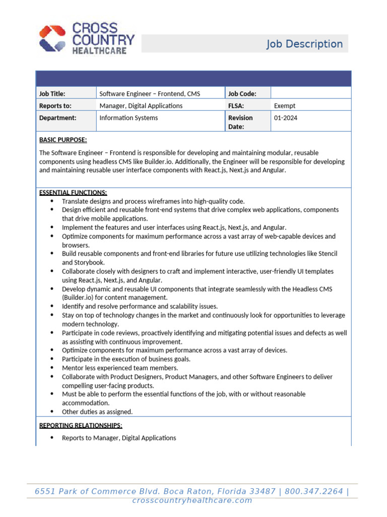 Frontend Software Engineer Job Description | PDF | Java Script | User ...