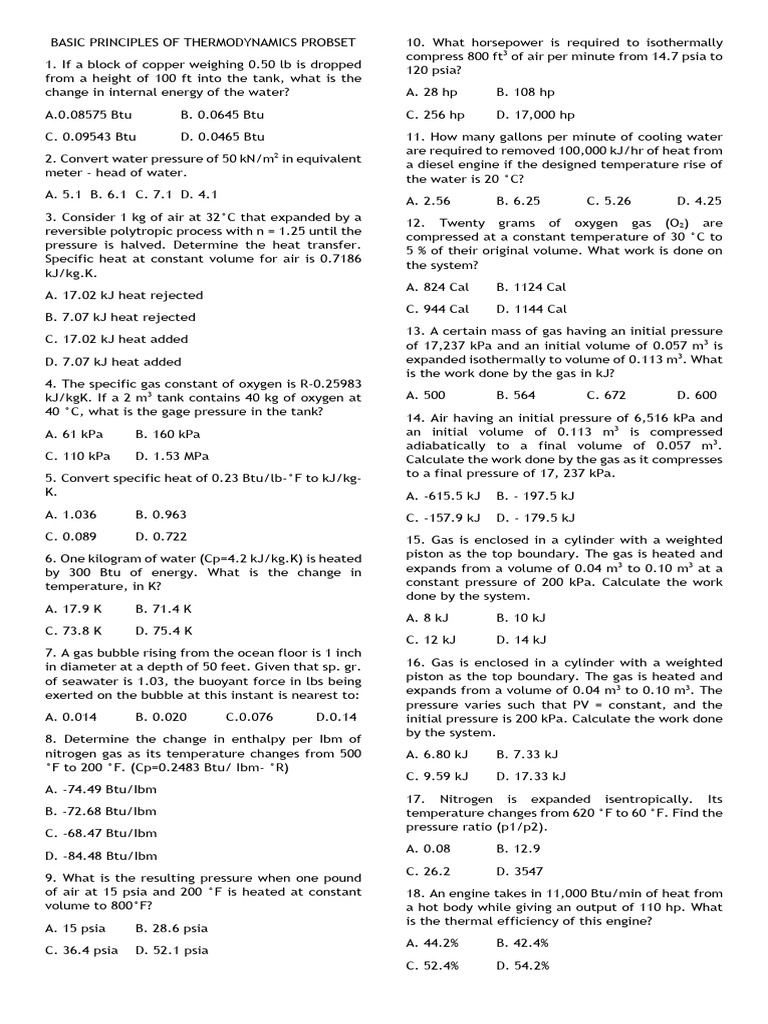 Thermodynamics Problem Set Solutions | PDF | Pressure | Gases