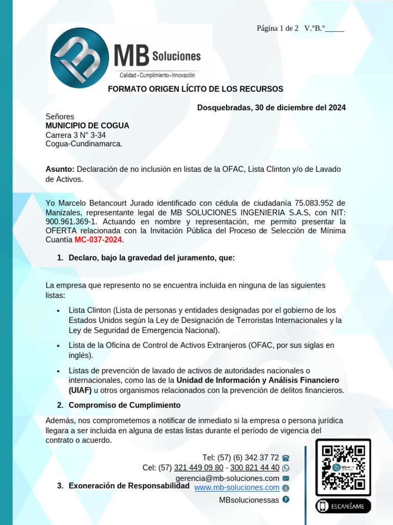 Formato de Origen Lícito de Recursos | PDF