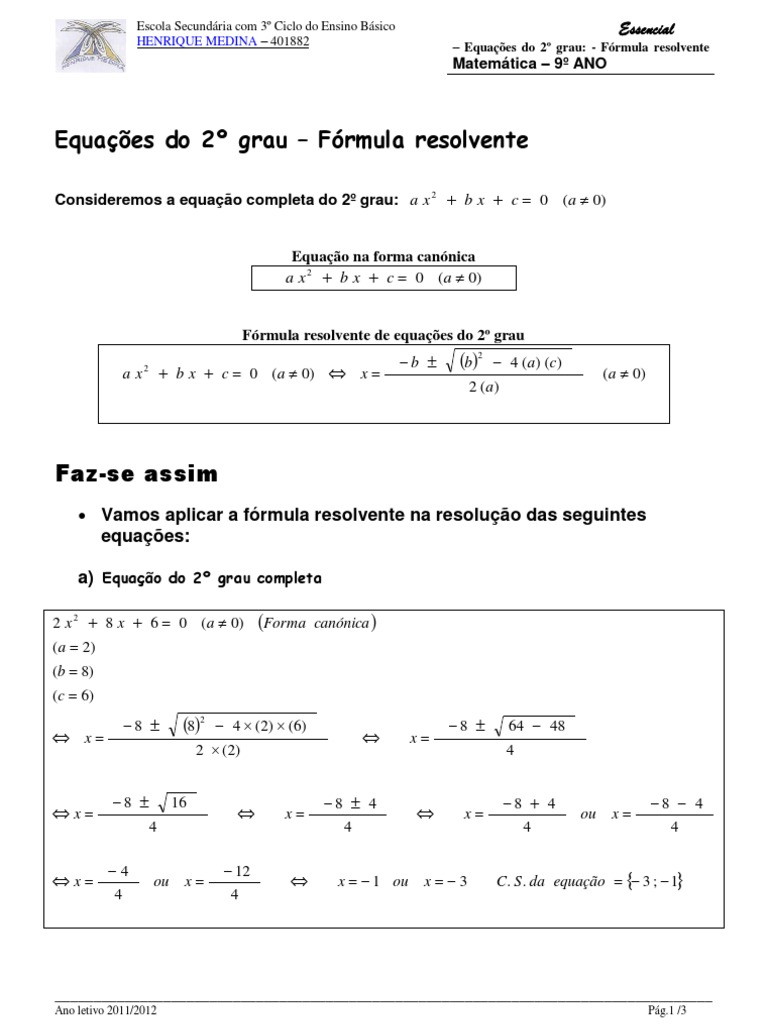 Essencial Equacoes Do 2º Grau Formula Resolvente