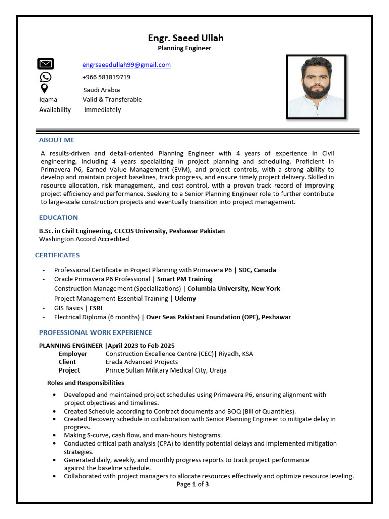 Planning Engineer Resume - Saeed Ullah | PDF | Business