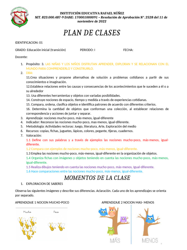 Plan de Clases Proposito 3 I Periodo | PDF | Educación de la primera ...