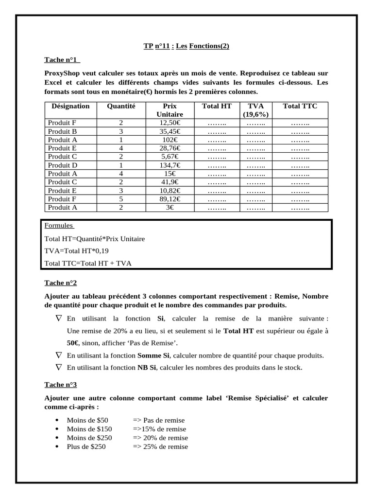 Calculs Excel pour Totaux de Vente | PDF