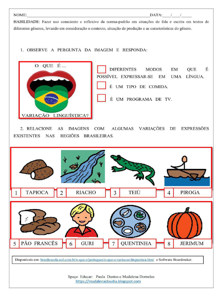 Atividade Adaptada - Variação Linguistica - 7 Ano | PDF
