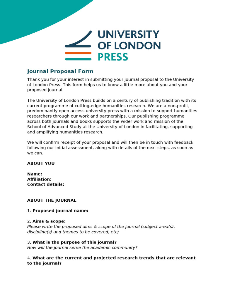 University of London Journal Proposal Form | PDF | Academic Journal ...