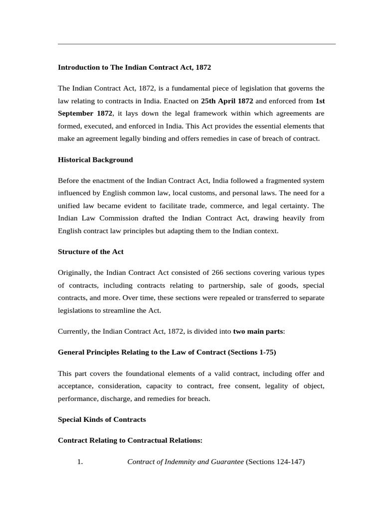Overview of the Indian Contract Act, 1872 | PDF | Consideration ...