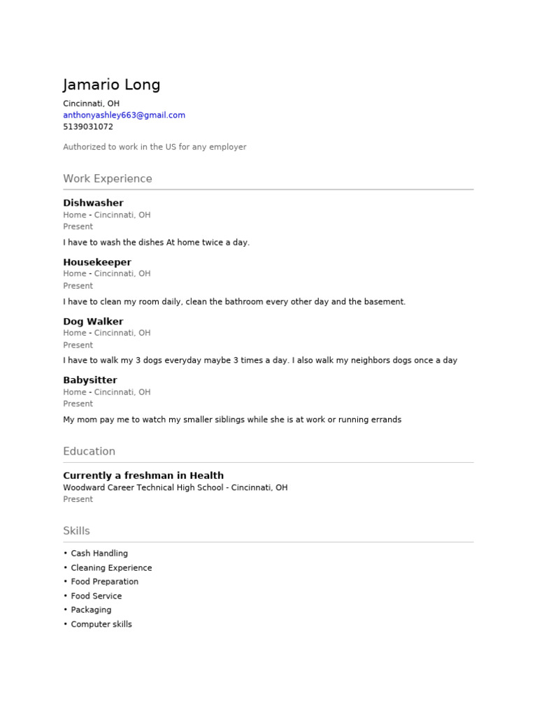 Cincinnati Teen's Work Experience Resume PDF