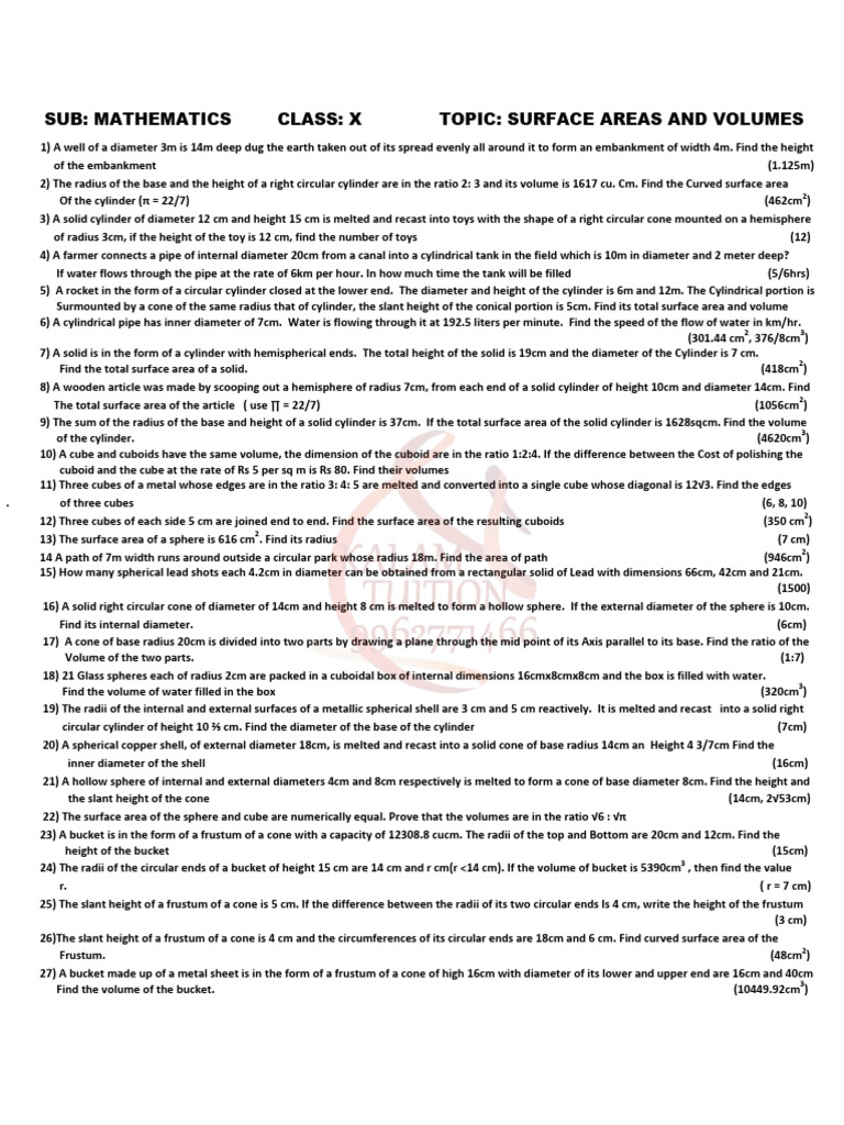 Surface Areas and Volumes Exercises | PDF | Sphere | Area