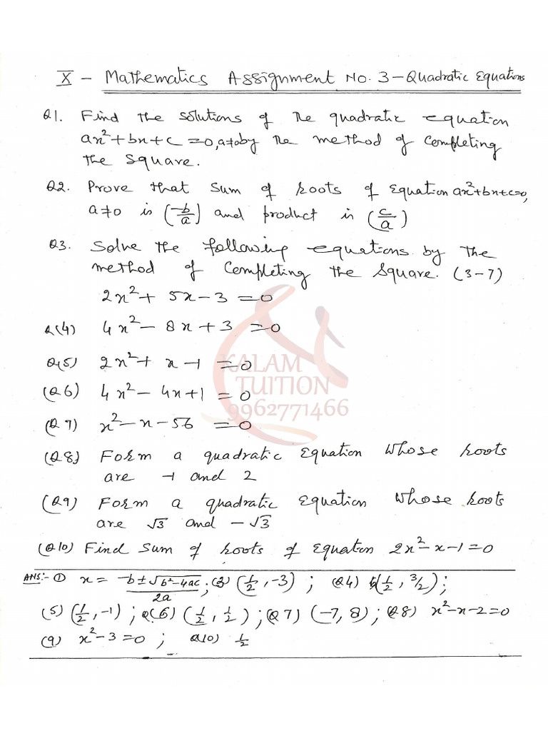 Quadratic Equations Assignment 3 | PDF