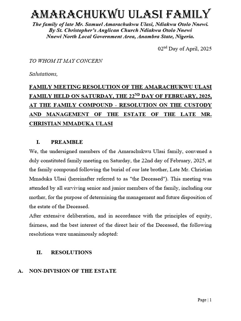 Ulasi Family Meeting Resolution 2025 | PDF | Civil Law (Common Law ...
