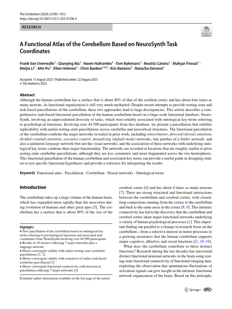 Functional Atlas of the Cerebellum | PDF | Cerebellum | Brain