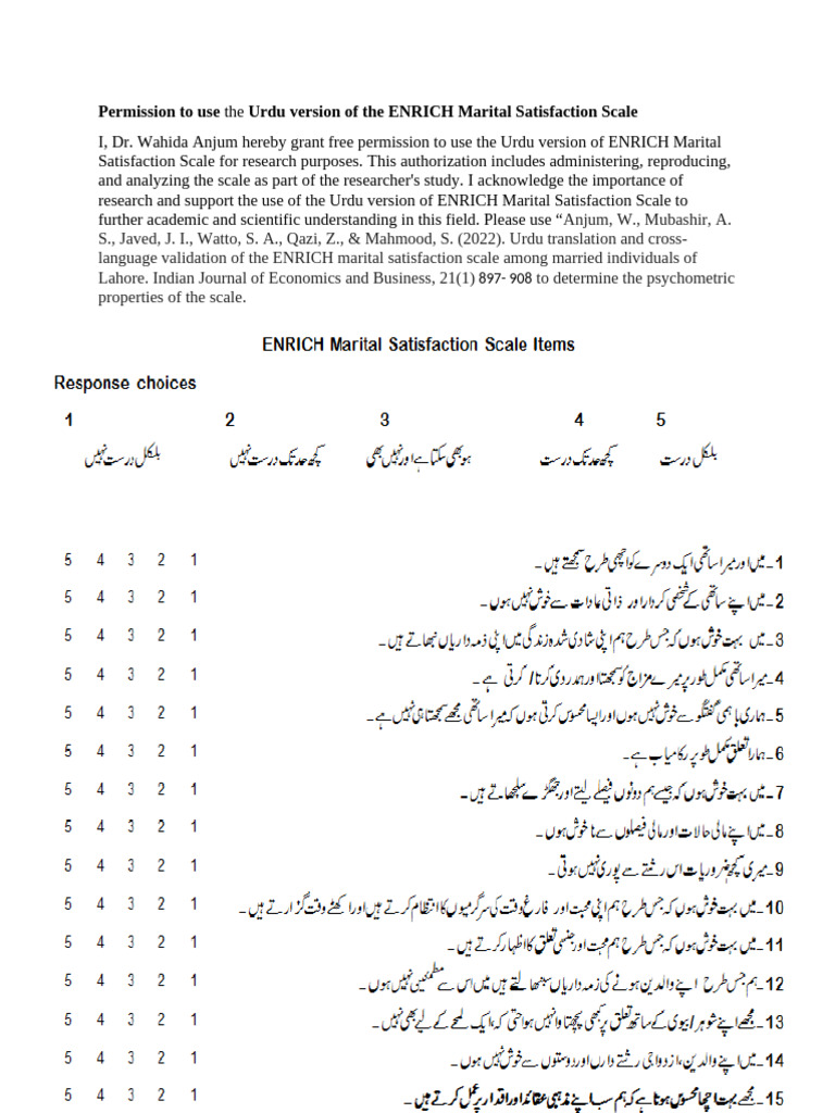 URDUEnrich Marital Satisfaction Scalebywahidaanjum | PDF