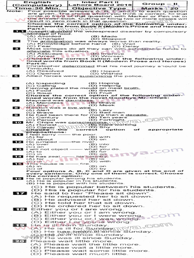Past Papers Lahore Board 2018 Inter Part 2 English Group 2 Objective | PDF