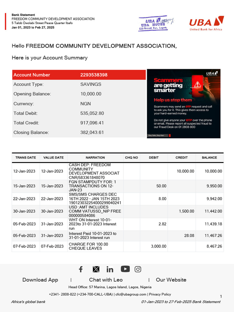 UBA Bank Statement for Freedom Community | PDF | Banks | Debits And Credits