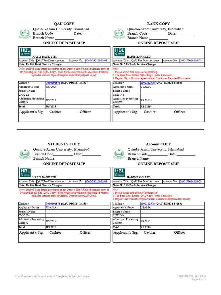 QAU Online Deposit Slip Template | PDF | Services (Economics) | Service ...