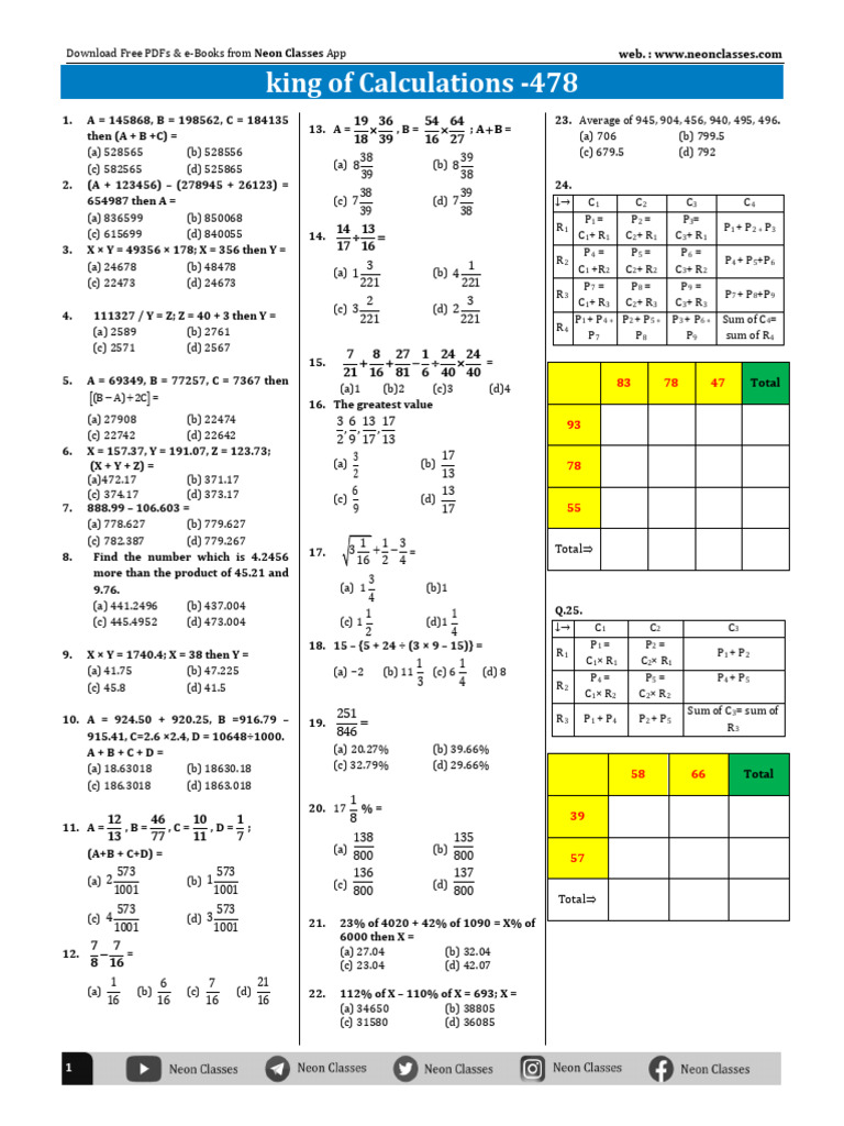 King Of Calculations Sheet- 478 | PDF