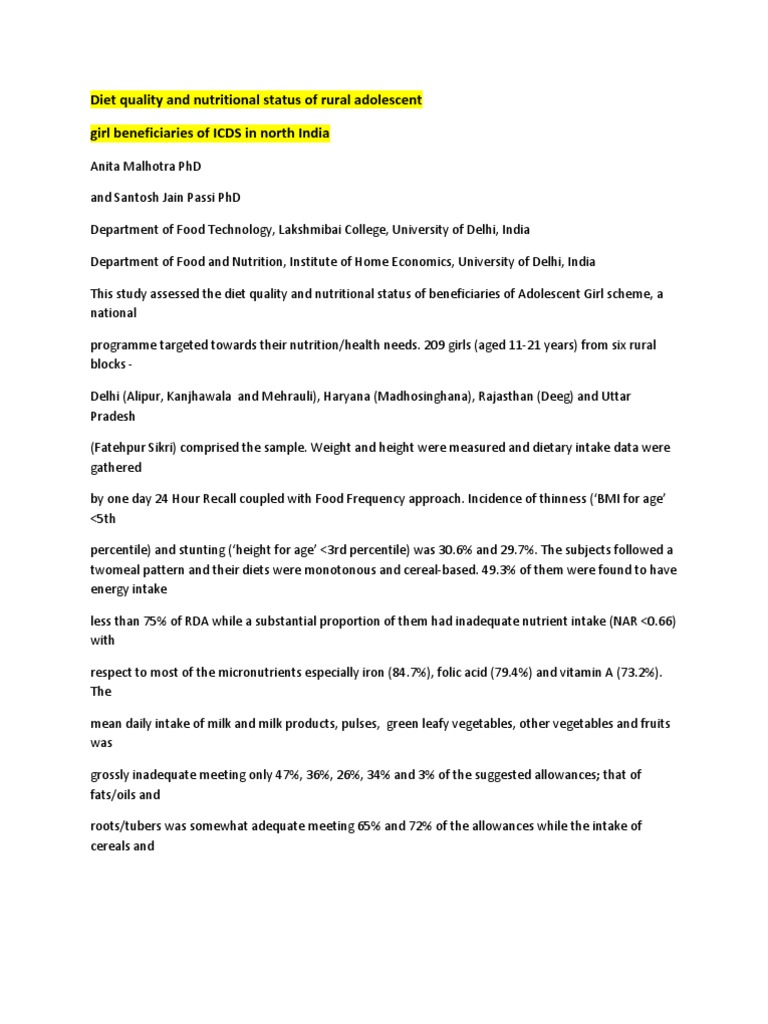 Diet Quality and Nutritional Status of Rural Adolescent Girl ...